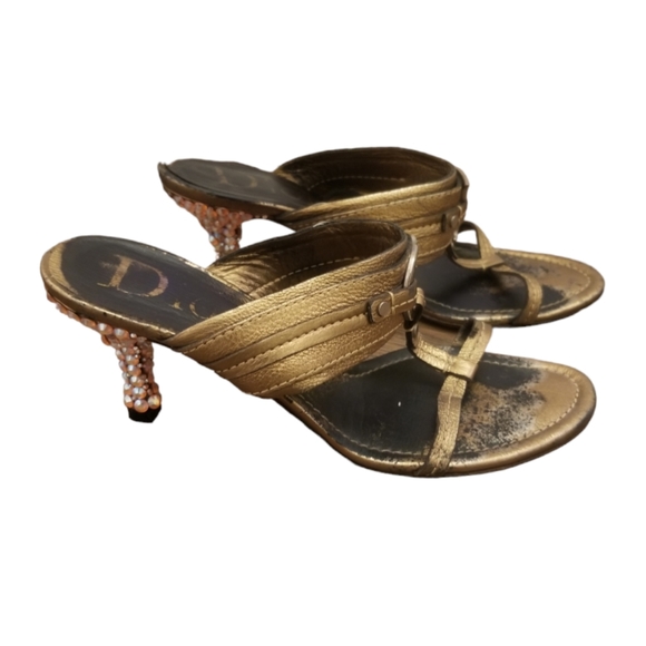 Christian Dior Heels Bronze Gold Jewelled Crystal Heels Dior Mules Size 7.5 - Picture 2 of 16